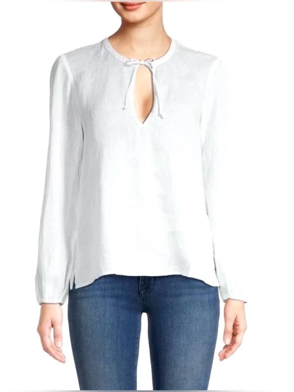 James Perse Women's Linen Peasant Tie-Neck Blouse In White Size 4 NWT